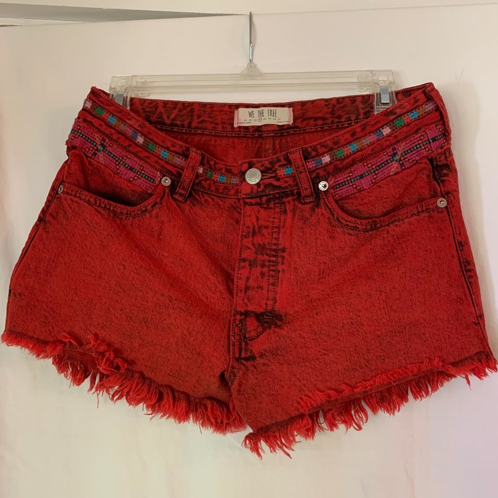 We The Free "Sun Break" red acid dyed cut off shorts with embroidery accent
